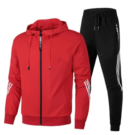 Roter Herren-Trainingsanzug mit Kapuzenjacke und schwarzen Jogginghosen, ideal für Fitness und Freizeit. Sportbekleidung, bequem, modisch.