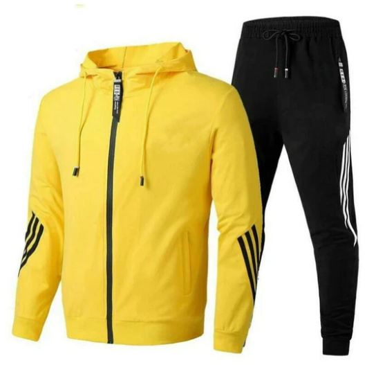 Herren-Trainingsanzug in Gelb und Schwarz mit Kapuzenjacke und Jogginghose, ideal für Sport und Freizeit. Bequem, stylisch, atmungsaktiv.