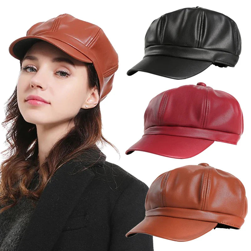 Damen-Newsboy-Cap aus PU-Leder in Braun, Schwarz und Rot. Modische, achteckige Mütze für Herbst und Winter. Ideal für stilvolle Outfits.