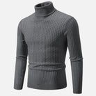 Grauer Rollkragenpullover aus Strick, Herrenmode, stilvoll und warm, ideal für Herbst und Winter. Hochwertige Materialien, modernes Design.