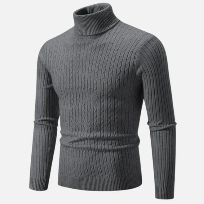 Grauer Rollkragenpullover aus Strick, Herrenmode, stilvoll und warm, ideal für Herbst und Winter. Hochwertige Materialien, modernes Design.