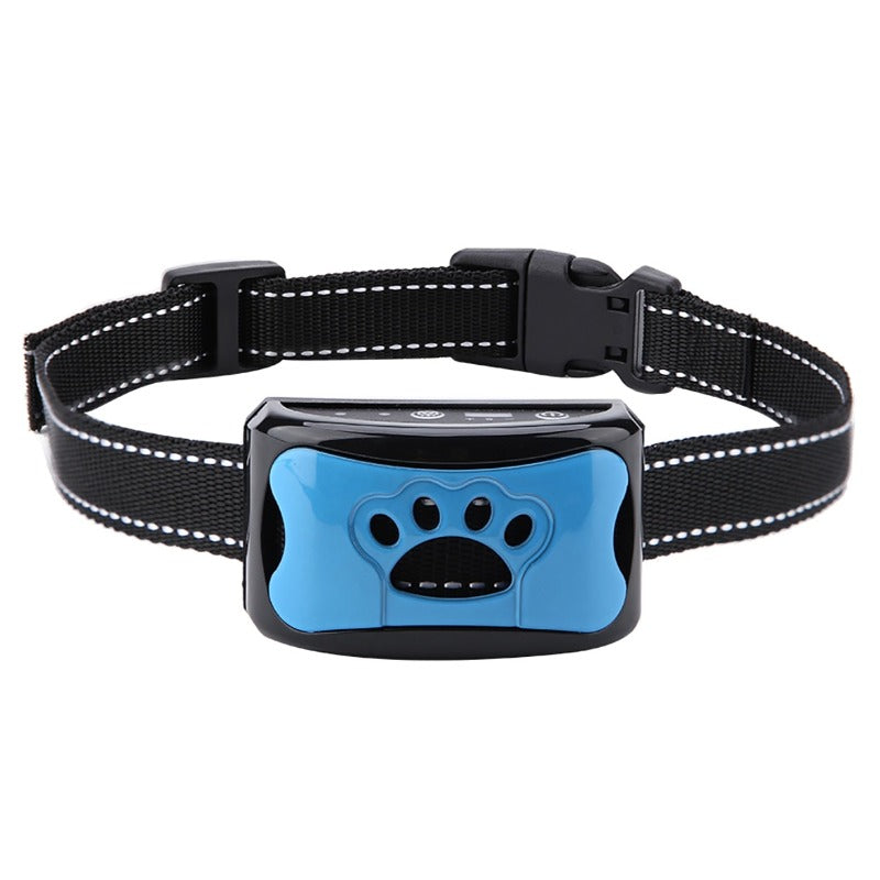 Schwarzes Hundehalsband mit blauem Anti-Bell-Gerät, verstellbar, reflektierend.