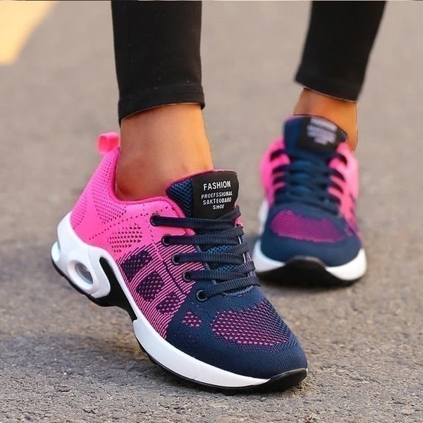 Damen Sneaker in Pink und Blau, atmungsaktiv, ideal für Laufen und Freizeit. Modische Sportschuhe mit bequemer Passform und rutschfester Sohle.