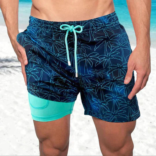 Herren-Badeshorts, blau mit Palmenmuster, elastischer Bund, Strandmode, Sommerbekleidung.