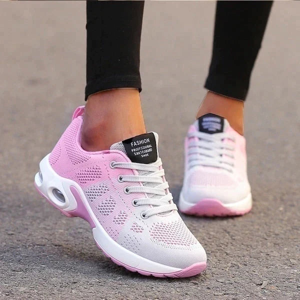 Damen Sneaker in Rosa und Weiß, atmungsaktiv, mit Luftpolstersohle. Ideal für Sport und Freizeit. Modische Turnschuhe für Damen.