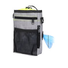 Graue Hundeleckerli-Tasche mit Netzfach, Reißverschluss und Spender für Kotbeutel.