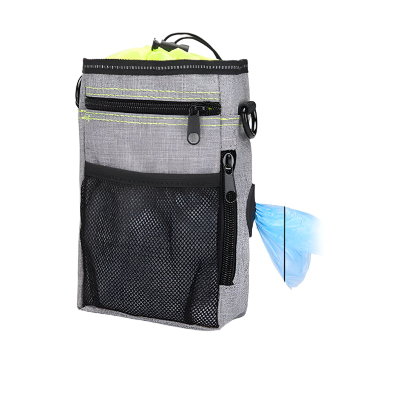 Graue Hundeleckerli-Tasche mit Netzfach, Reißverschluss und Spender für Kotbeutel.