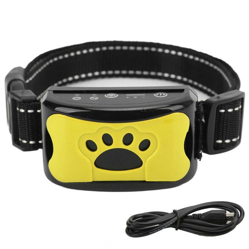 Gelbes Anti-Bell-Halsband für Hunde mit USB-Kabel, verstellbar, wasserdicht, schwarz-gelb.