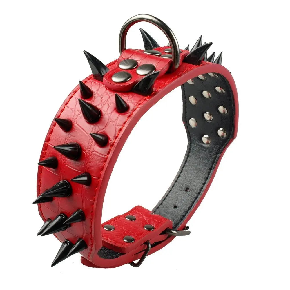 Rotes Hundehalsband mit schwarzen Nieten, Leder, verstellbar, robust, modisch, für große Hunde.