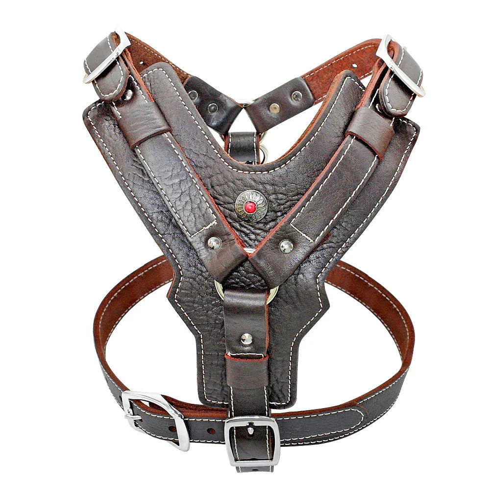 Hundegeschirr aus Leder, verstellbar, robust, braun, für große Hunde, mit Metallschnallen.
