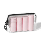 Transparente Reiseflaschen-Set rosa, auslaufsicher, im durchsichtigen Kulturbeutel, ideal für Reisen.