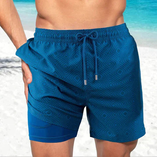 Blaue Badehose für Herren, geometrisches Muster, Strandmode, elastischer Bund, Sommerbekleidung.