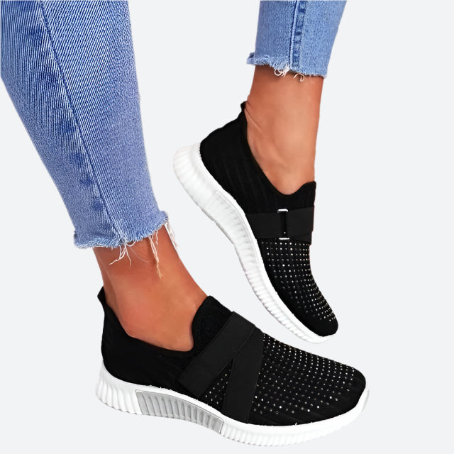 Schwarze Damen-Sneaker mit Klettverschluss, rutschfest, bequem, verbessern die Laufhaltung.