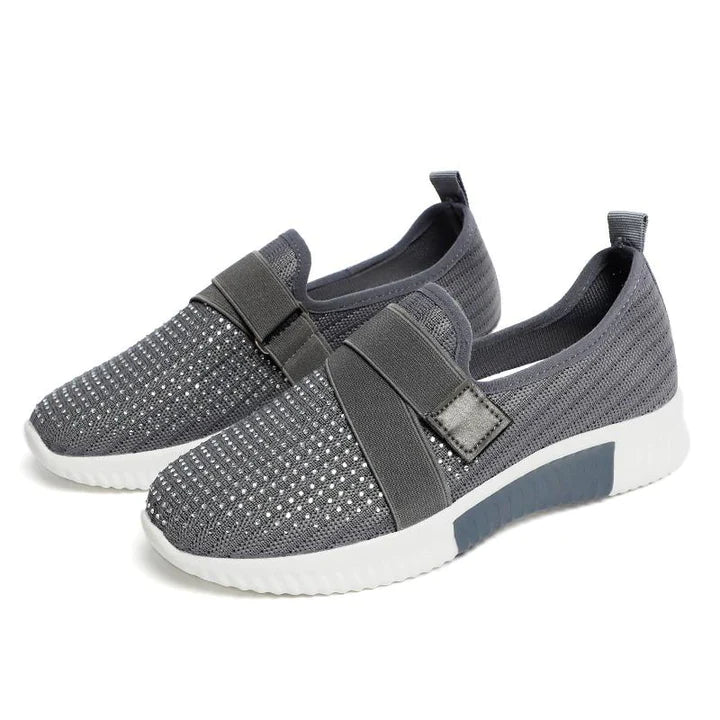 Graue Damen-Sneaker mit Klettverschluss, rutschfest, atmungsaktiv, verbessern Gehhaltung.