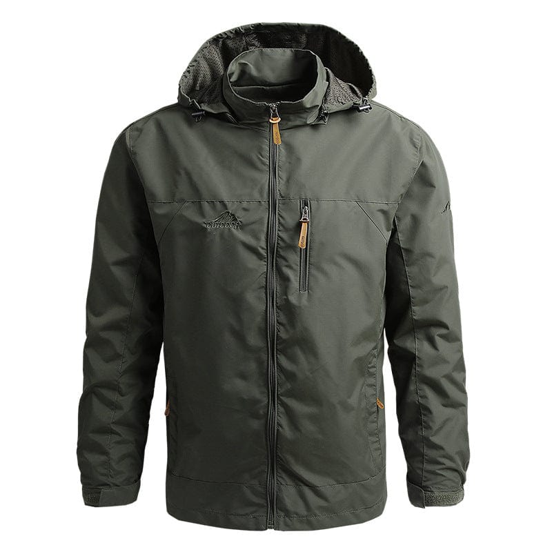 Grüne Outdoor-Jacke mit Kapuze, Reißverschluss und Taschen. Ideal für Wandern und Trekking. Wasserabweisend und winddicht. Herrenmode.