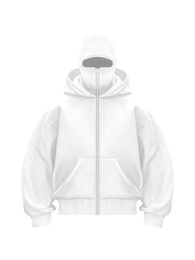Weiße Kapuzenjacke mit Reißverschluss, minimalistisches Design, unisex, ideal für Streetwear, aus Baumwolle, bequem und stilvoll.