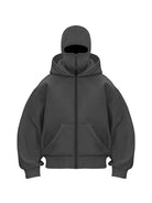 Dunkelgrauer Kapuzenpullover mit Reißverschluss, isoliert auf weißem Hintergrund. Bequeme, modische Streetwear für Herren und Damen.