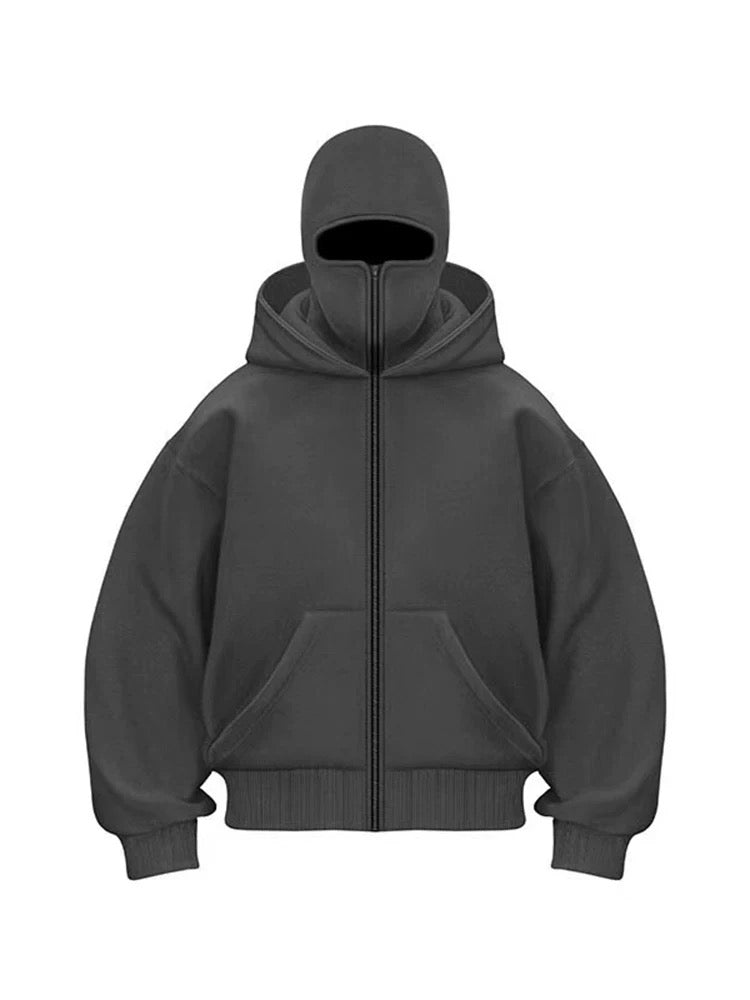 Dunkelgrauer Kapuzenpullover mit Reißverschluss, isoliert auf weißem Hintergrund. Bequeme, modische Streetwear für Herren und Damen.