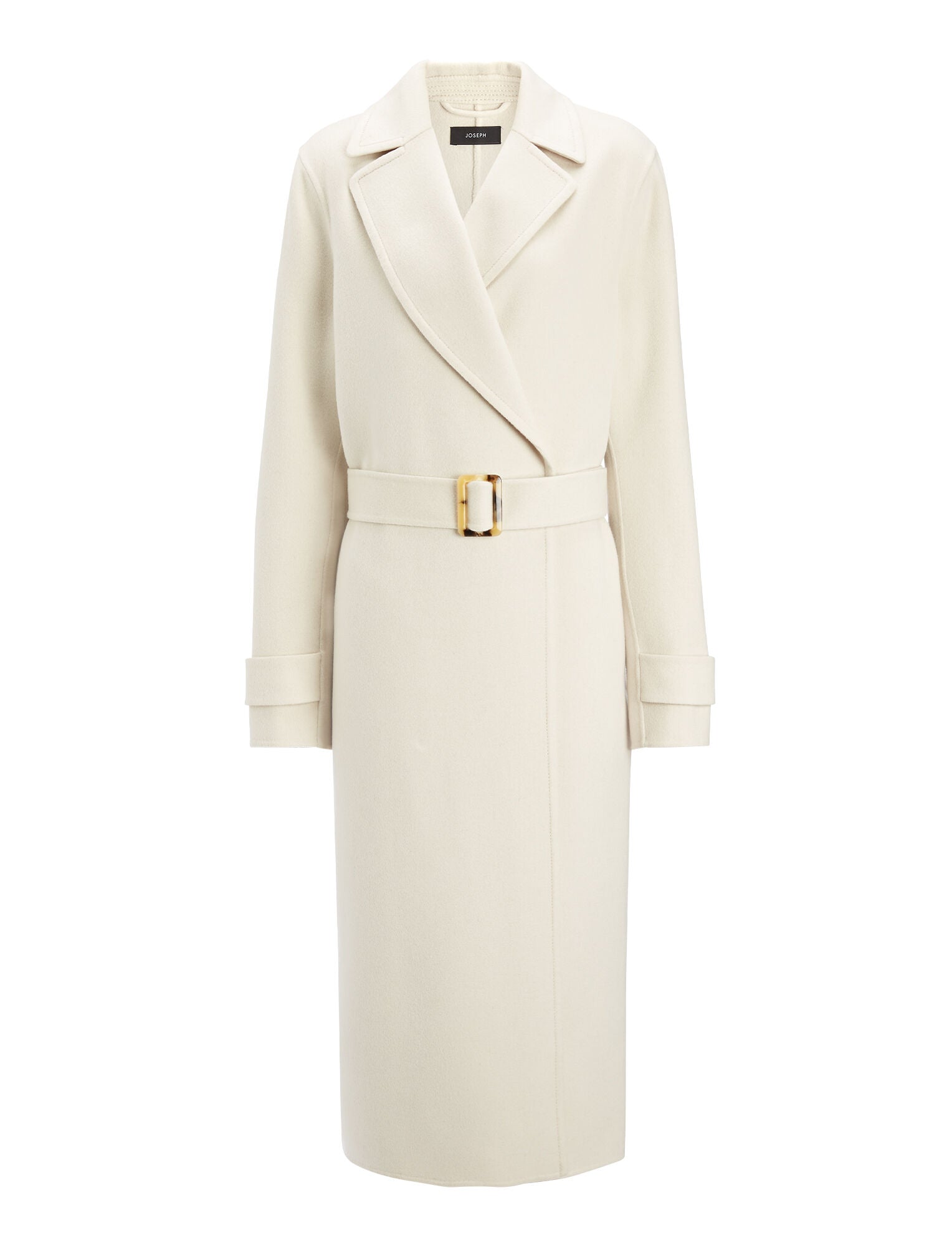 Eleganter Damenmantel aus Kaschmir, cremefarben, mit Gürtel und Reverskragen. Luxuriöse Mode, ideal für Herbst und Winter.