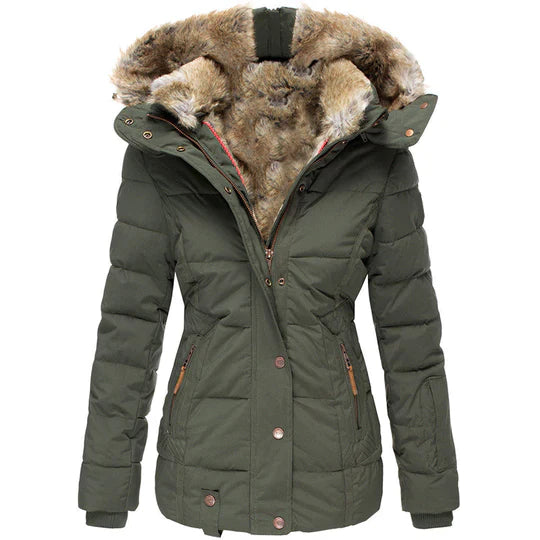 Damen Winterjacke mit Kapuze, olivgrün, gefüttert mit Kunstfell. Perfekt für kalte Tage, modisch und warm. Ideal für Outdoor-Aktivitäten.