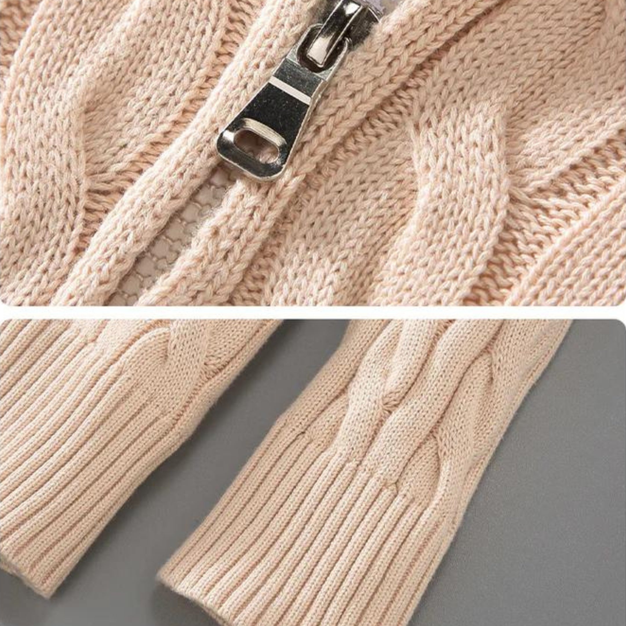 Beige Strickjacke mit Zopfmuster und Reißverschluss, weiches Material, ideal für Herbstmode. Perfekt für stilvolle, gemütliche Outfits.