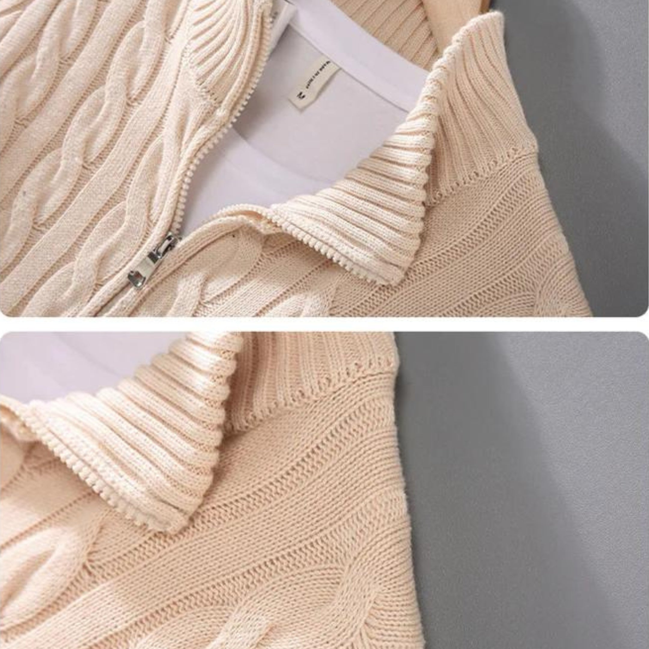 Beiger Strickpullover mit Reißverschluss, Zopfmuster und geripptem Kragen. Modischer, gemütlicher Damenpullover für Herbst und Winter.