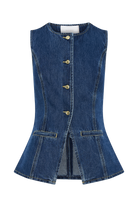 Ärmellose Damen-Jeansweste mit Knopfleiste, tailliertem Schnitt und zwei Taschen. Perfekt für modische Outfits und vielseitige Kombinationen.