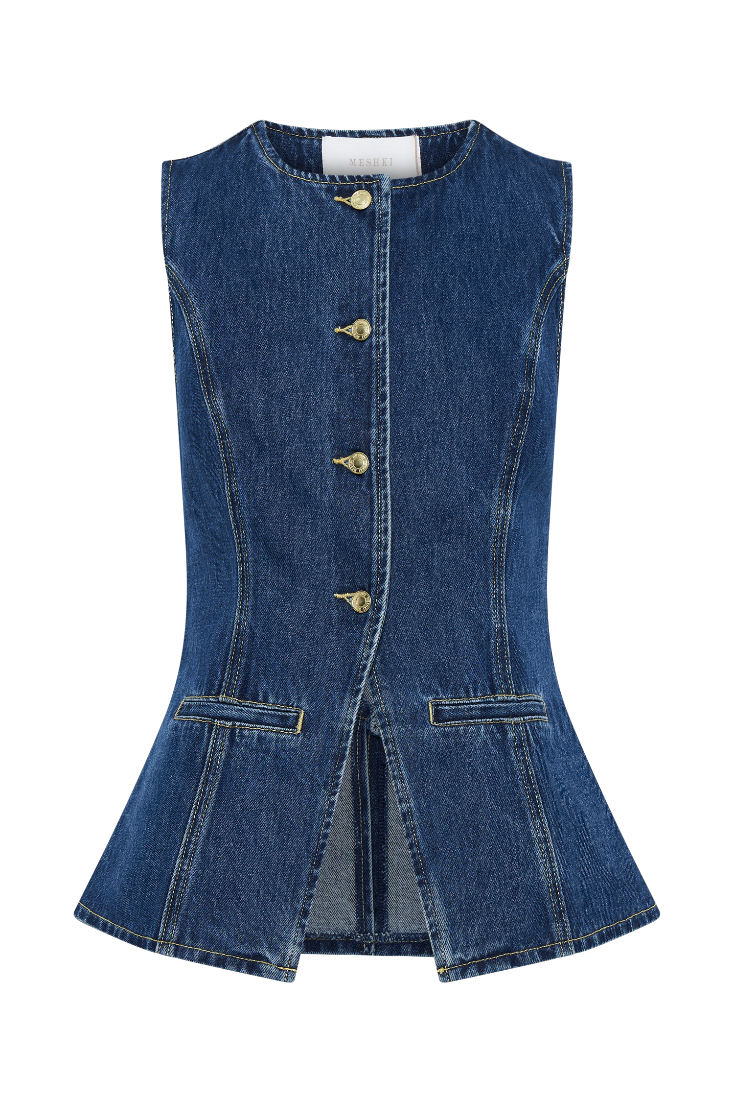 Ärmellose Damen-Jeansweste mit Knopfleiste, tailliertem Schnitt und zwei Taschen. Perfekt für modische Outfits und vielseitige Kombinationen.