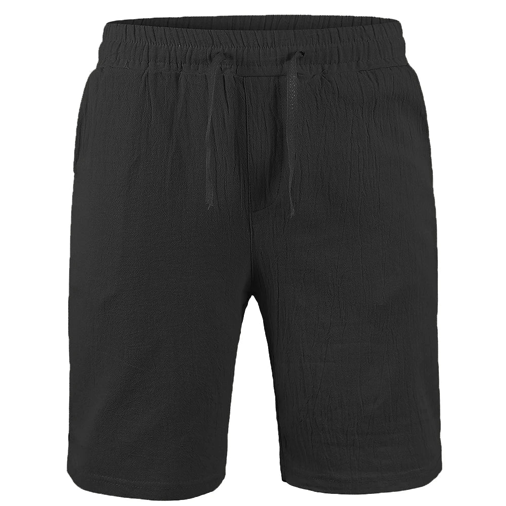 Schwarze Herren-Shorts aus Baumwoll-Leinen, atmungsaktiv, locker, ideal für Sommer.