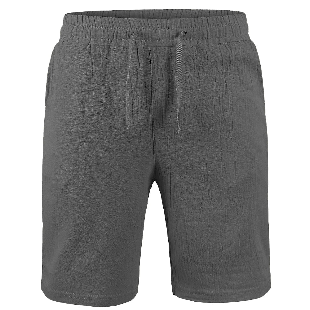 Graue Herren-Shorts aus Baumwoll-Leinen, atmungsaktiv, locker, ideal für Sommermode.