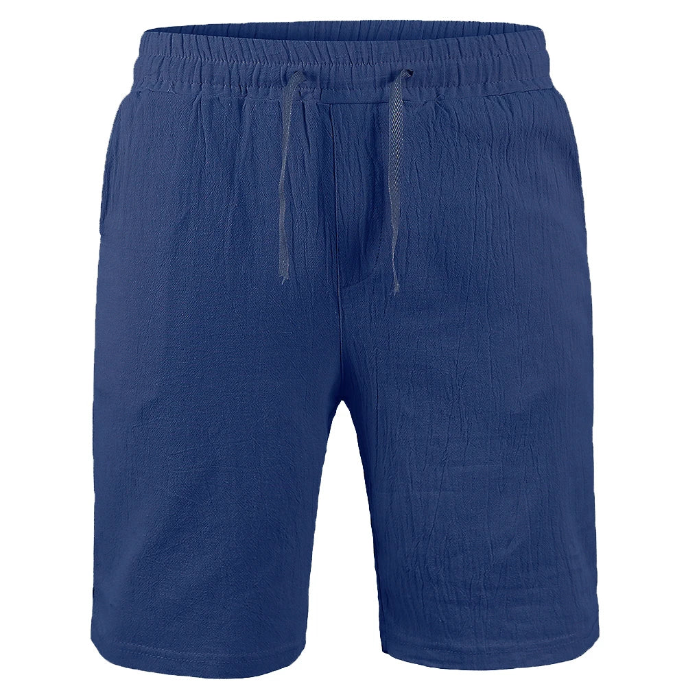 Blaue Herren-Shorts aus Baumwoll-Leinen, sommerlich, atmungsaktiv, locker, Freizeitmode.
