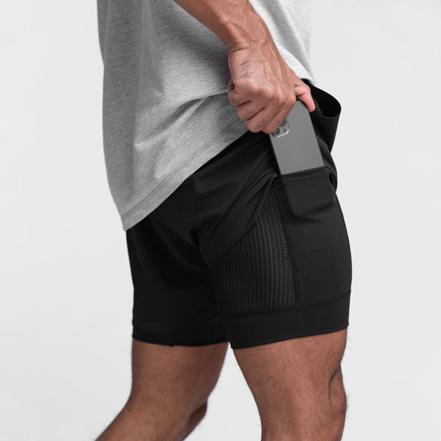 Männer 2-in-1 Streetwear Fitness Shorts, schwarz, atmungsaktiv, schnell trocknend, Jogging.