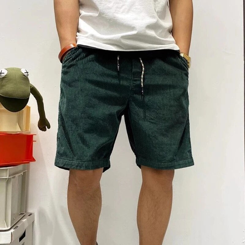 Grüne Cord-Shorts für Herren, High Street Vintage, mit Kordelzug, lässig, bequem.