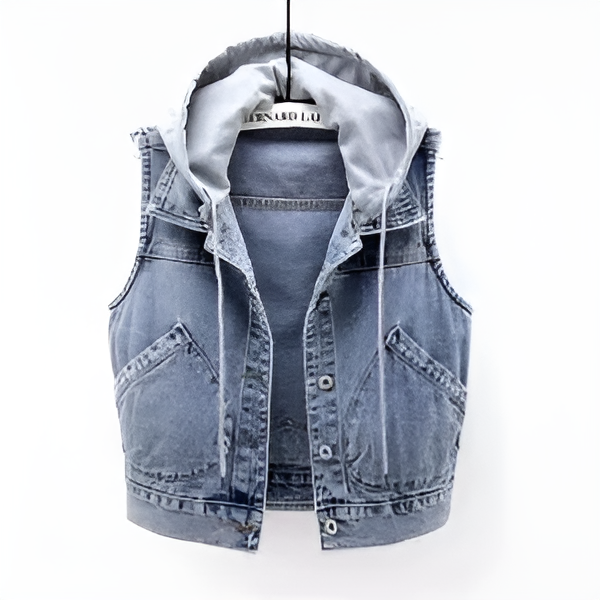 Damen-Denim-Weste mit Kapuze, ärmellos, ideal für Frühling und Herbst. Modische Jeansjacke, vielseitig kombinierbar, trendiges Design.