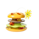 Gelbes interaktives Katzenspielzeug mit Bällen und Plüschsonne, mehrschichtiges Design.