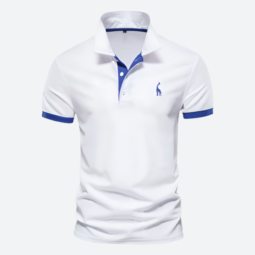 Weißes Polohemd mit blauen Akzenten, klassischem Kragen und Knopfleiste. Perfekt für Herrenmode, Freizeitkleidung und stilvolle Outfits.