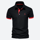 Schwarzes Polohemd mit rotem Kragen und Knopfleiste, elegantes Design, hochwertige Baumwolle, ideal für Freizeit und Business, Herrenmode.