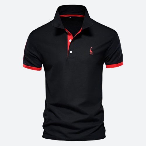 Schwarzes Polohemd mit rotem Kragen und Knopfleiste, elegantes Design, hochwertige Baumwolle, ideal für Freizeit und Business, Herrenmode.