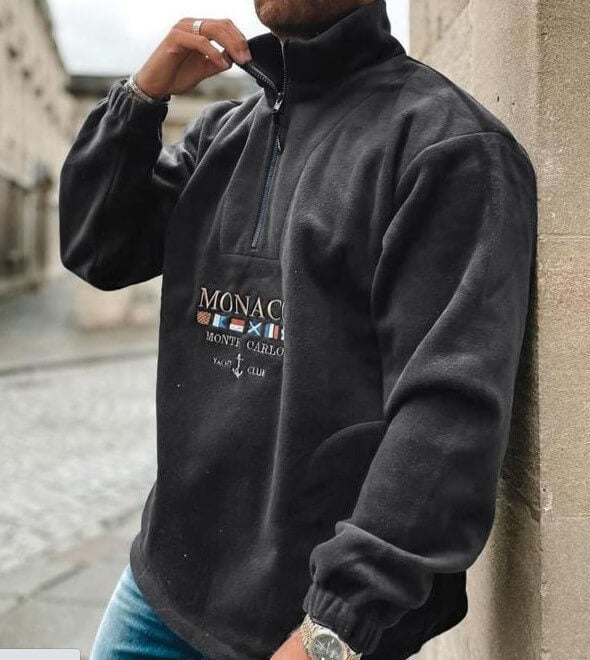 Schwarzer Fleece-Pullover mit Reißverschluss und Monaco Monte Carlo Yacht Club-Logo, ideal für Herrenmode, Herbst- und Winterkleidung.