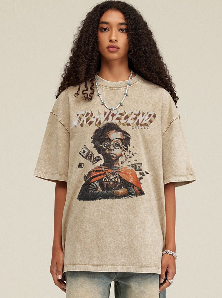 Damen-T-Shirt mit Grafikdruck, lässiger Stil, Baumwolle, Oversize, modisches Design, ideal für Streetwear und Freizeitmode.