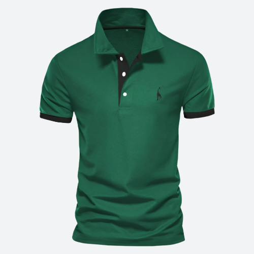 Grünes Polohemd für Herren mit klassischem Kragen und Knopfleiste. Stilvolles Design, ideal für Freizeit und Business. Hochwertige Baumwolle.