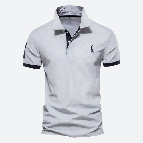 Graues Polohemd mit Kragen, Knopfleiste und gesticktem Logo. Perfekt für Herrenmode, Freizeitkleidung und stilvolle Outfits.