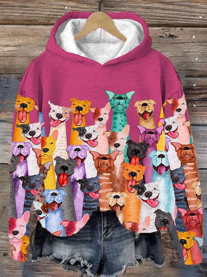 Bunte Kapuzenjacke mit fröhlichen Hundemotiven, ideal für Tierliebhaber. Perfekt für modische Outfits, Streetwear und Freizeitkleidung.