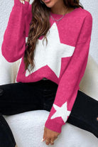 Damenpullover in Pink mit weißem Sternmotiv, lässiger Stil, weiches Material, ideal für Herbstmode, trendiger Look, bequem und stylisch.