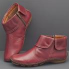 Damenstiefeletten in Rot, aus Leder mit Reißverschluss und Klettverschluss. Bequeme, modische Schuhe für Herbst und Winter. Ideal für Alltag.
