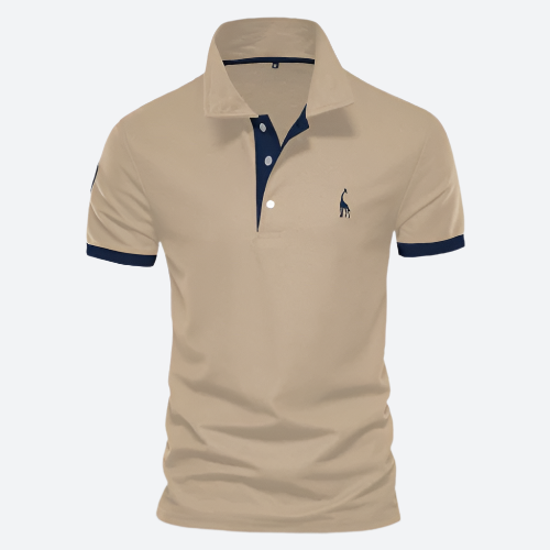 Beiges Polohemd mit dunkelblauen Akzenten, klassischem Kragen und Knopfleiste. Perfekt für Herrenmode, Freizeitkleidung, stilvolles Design.