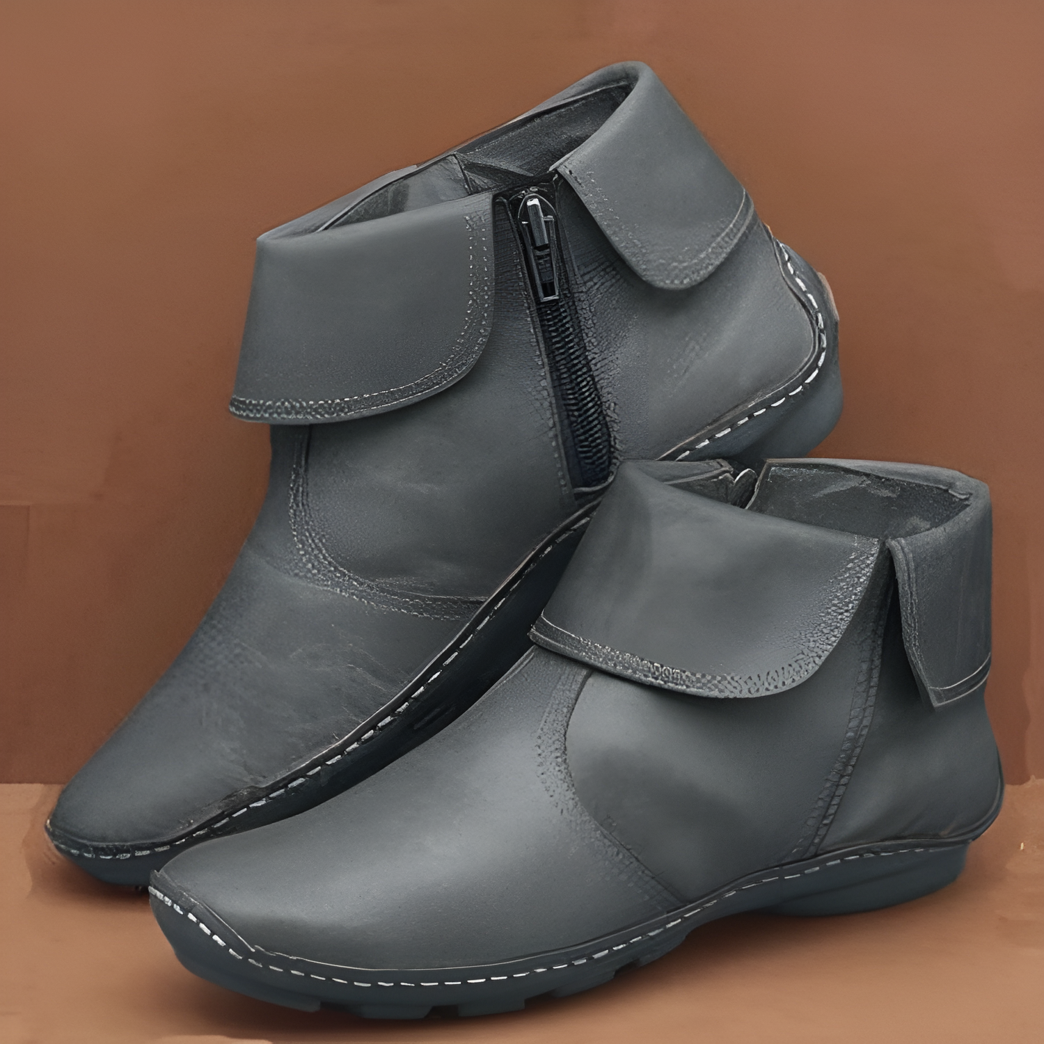Graue Lederstiefeletten mit Reißverschluss, bequeme Damenstiefel, modische Herbst-Winter-Schuhe, rutschfeste Sohle, elegantes Design.