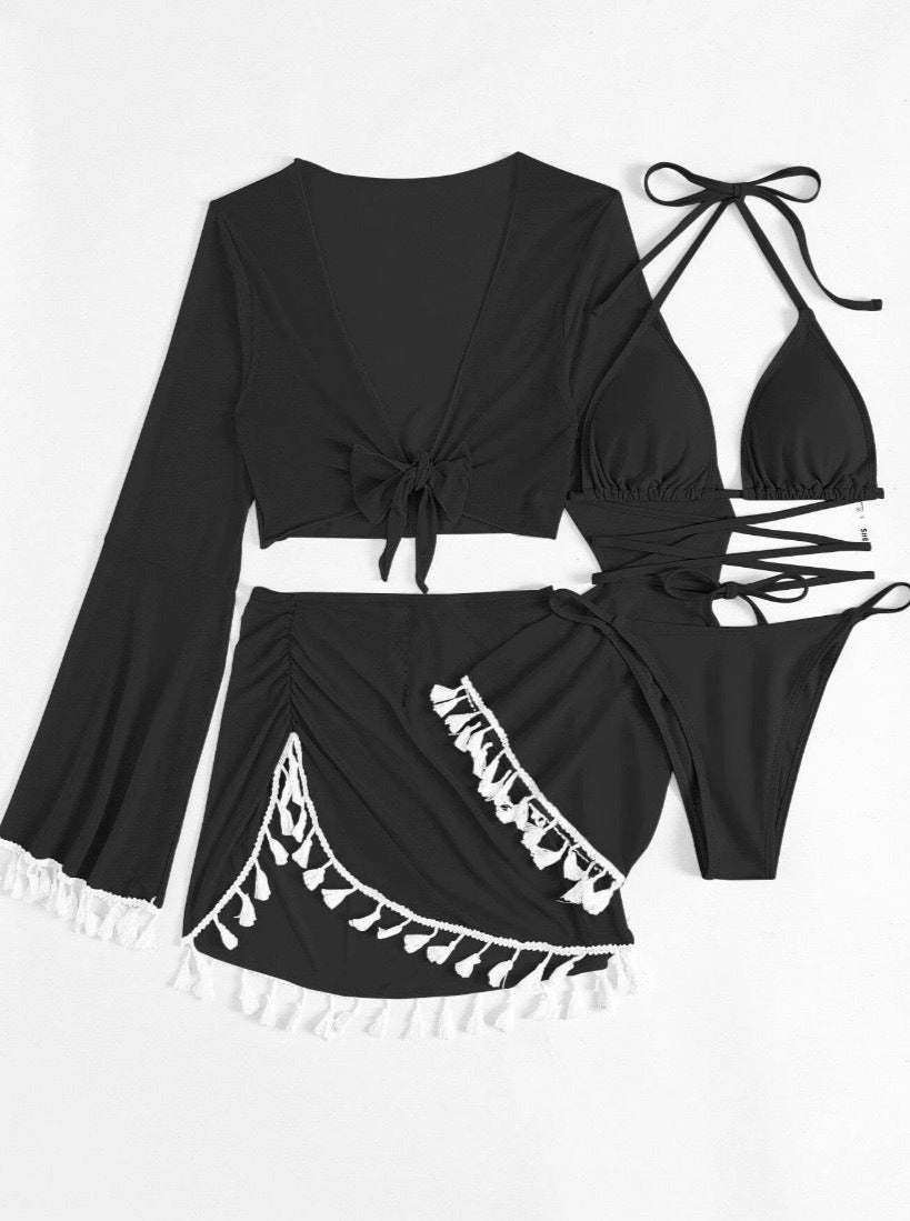 Schwarzer Bikini-Set mit Fransen, bestehend aus Triangel-Oberteil, High-Waist-Höschen und passendem Cover-Up. Perfekt für Strandmode und Sommer.