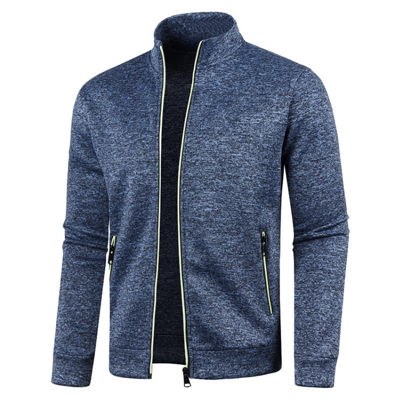 Herren-Sweatshirt mit Reißverschluss, Stehkragen, blau meliert. Modische Herrenmode, ideal für Freizeit und Sport. Bequem und stilvoll.