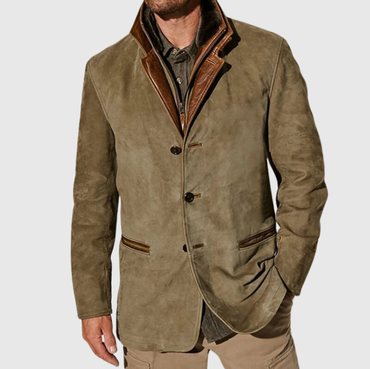 Herrenjacke aus Wildleder in Olivgrün mit braunen Lederakzenten, Knopfleiste und Taschen. Stilvoll, elegant, ideal für Herbstmode.